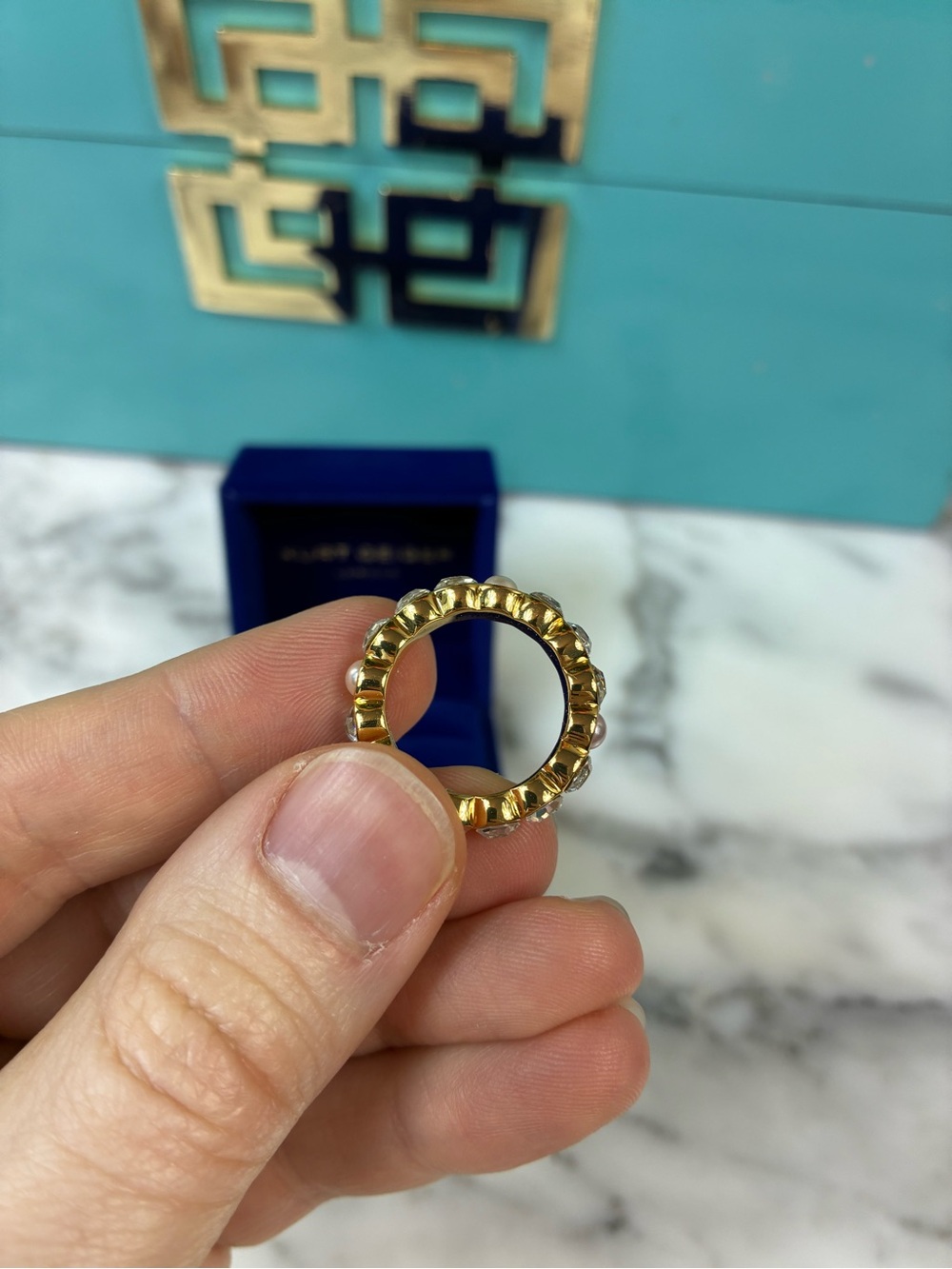 Brand New Kurt Geiger London Gold Plated Pave Crystal & Faux Pearl Size 7 Ring - Picture 4 of 8